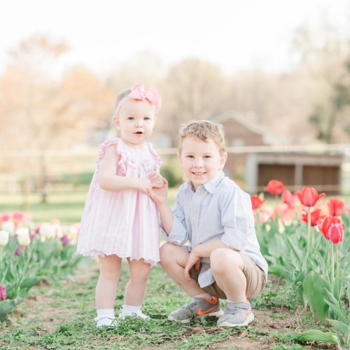 brother and sister posing during their mini session in the tulips at Dewberry Farm in Kernersville NC